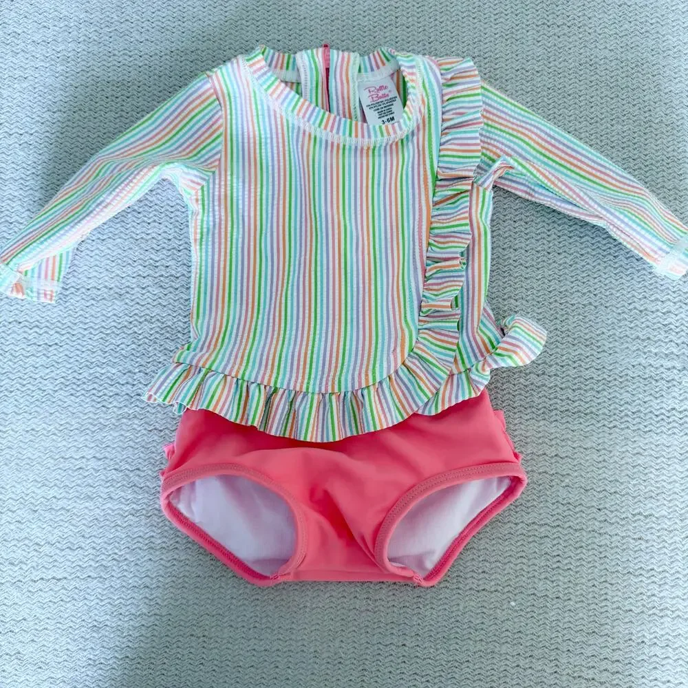 Ruffle Butts Pink Multicolor Striped Ruffle Trim Long Sleeve Rashguard Swimsuit